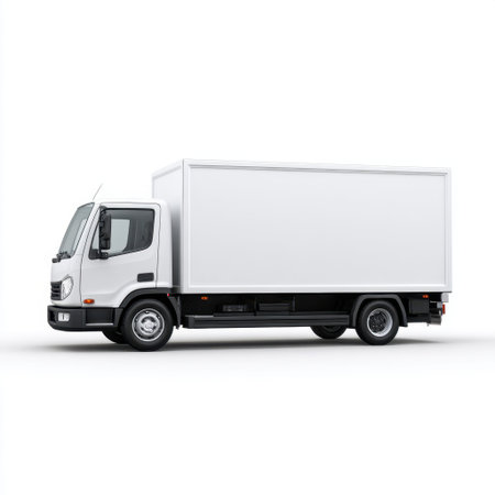 A white delivery truck stands isolated against a clean backdrop, featuring a spacious cargo area perfect for transporting goods or branding.の素材