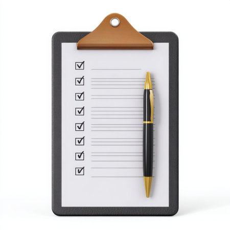 A blank checklist on a clipboard paired with a golden pen, perfect for business tasks, planning, and personal organization in a professional workspace.の素材