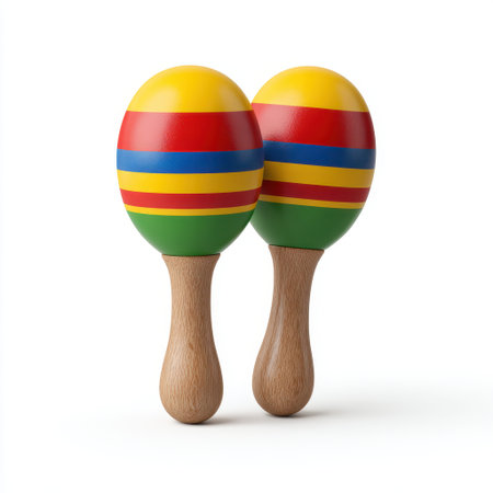 Brightly colored wooden maracas feature striking yellow, red, and green stripes. Ideal for parties, festivals, and musical gatherings to create lively rhythms.の素材