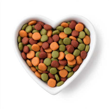 A heart-shaped bowl filled with vibrant dry pet food, featuring green, orange, and brown kibble. Perfect for showcasing pet nutrition and care.の素材
