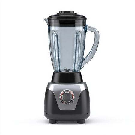 This modern kitchen blender features a clear jar with a sturdy base and a control dial, perfect for blending smoothies and other food preparations effortlessly.の素材