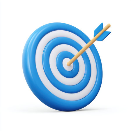A vibrant blue target with an arrow striking its center, representing focus and aspiration. Perfect for concepts of achievement, motivation, and goal-setting.の素材