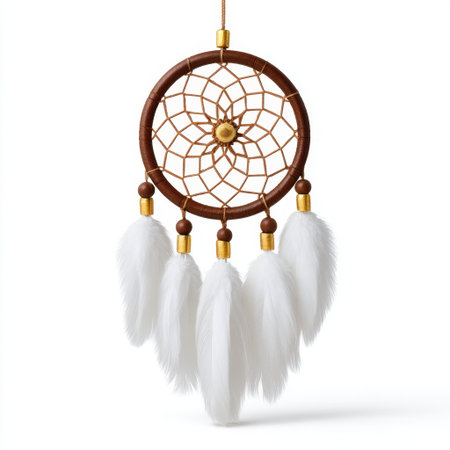 This beautiful dream catcher features white feathers, wooden beads, and intricate webbing, creating a stunning bohemian piece for home decor.の素材
