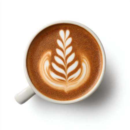 Enjoy a visually appealing creamy latte adorned with a beautiful leaf pattern, perfect for coffee lovers and social media enthusiasts alike.の素材