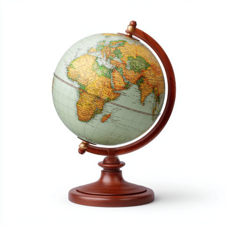 This vintage globe showcases a detailed world map on a wooden stand, perfect for educational settings or as a stylish decorative piece for your home or office.の素材