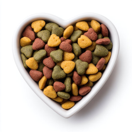 A heart-shaped bowl filled with colorful assorted pet food treats, perfect for both cats and dogs. Ideal for promoting pet love and nutrition.の素材