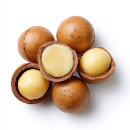 This close-up image features fresh macadamia nuts with their unique brown shells and creamy inner kernels, perfect for showcasing organic snacks in any food-related project.の素材
