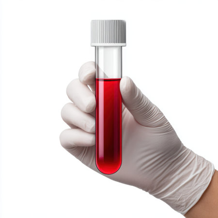 A healthcare worker in a white glove holds a test tube filled with a red blood sample, illustrating medical examination and diagnostic analysis in a laboratory setting.の素材