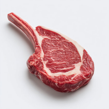 A beautifully presented ribeye steak with rich marbling, ideal for food photography, culinary projects, and recipe development with a clean background.の素材