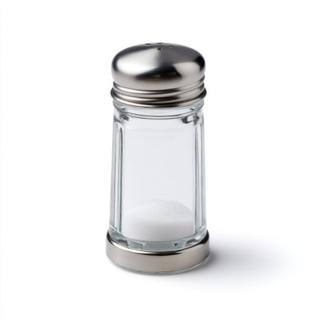 A clear glass salt shaker featuring a metallic lid, showcasing white salt within. Ideal for culinary and kitchen-themed projects, this shaker represents simplicity and function.の素材