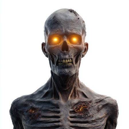 This chilling skeleton features glowing eyes, ideal for Halloween-themed projects or horror illustrations. Capture the eerie essence of the undead.の素材