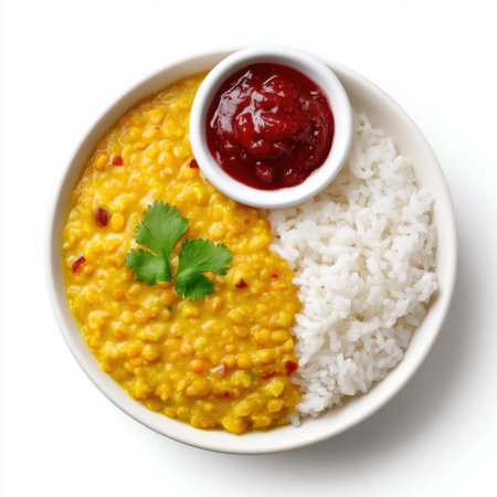This appetizing image features a bowl of lentil dal served with fluffy rice and a side of spicy tomato chutney, perfect for a wholesome meal.の素材