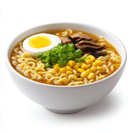 A visually stunning bowl of ramen showcasing a rich broth filled with soft boiled egg, green onions, corn, and tender meat, perfect for food lovers.の素材