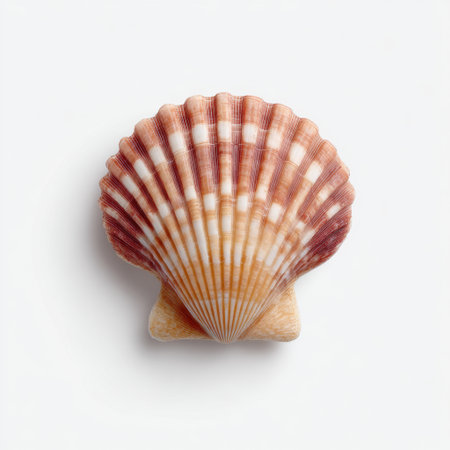 This image features a stunning scallop shell showcased against a pristine white background, highlighting its intricate patterns and warm colors. Perfect for various design projects or to evoke themes of nature and coastal beauty.の素材