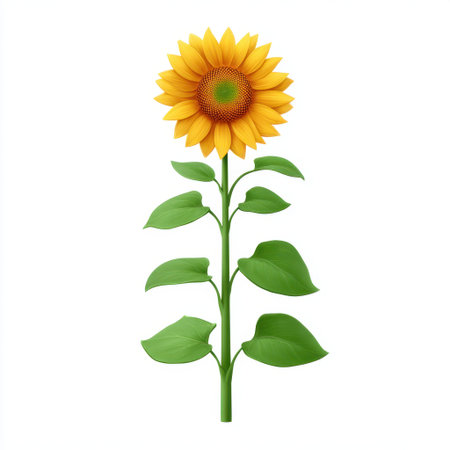 A beautiful representation of a vibrant sunflower with striking yellow petals and lush green leaves, perfect for nature lovers and gardeners.の素材