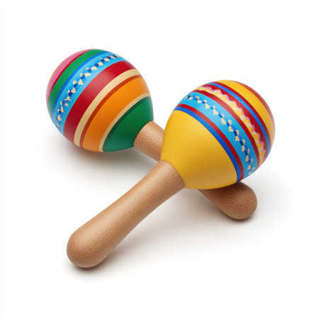 This pair of colorful handcrafted wooden maracas features vibrant patterns and intricate designs, perfect for musical play, decoration, and celebration.の素材