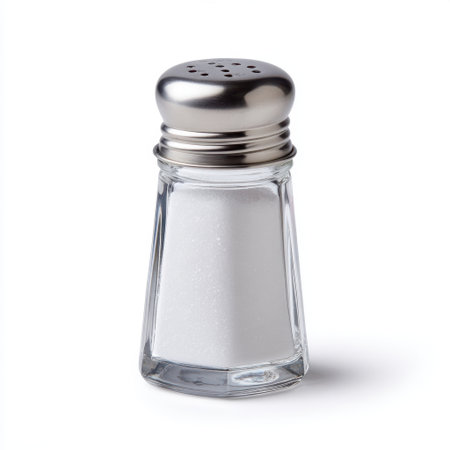 This image features a classic glass salt shaker with a shiny silver top, filled with white salt, set against a simple white background. Perfect for kitchen decor.の素材
