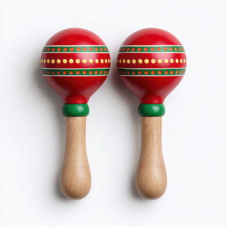 Bright and vibrant wooden maracas featuring red and green accents against a clean white background, perfect for music projects or festive events.の素材