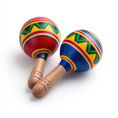 This image showcases a pair of beautiful wooden maracas, featuring bright colors and intricate patterns, perfect for adding a festive touch to any celebration.の素材