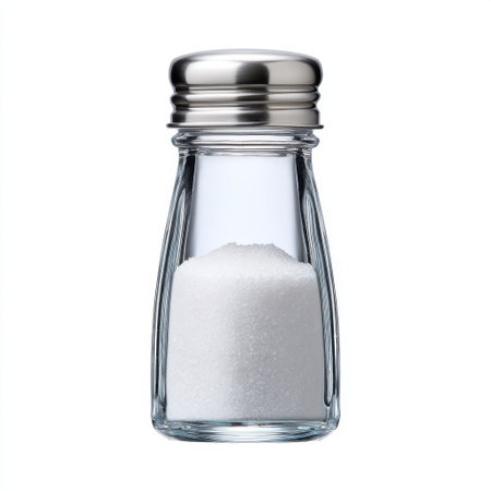 A glass salt shaker filled with fine white salt, showcasing a sleek design ideal for both home kitchens and professional dining. Perfect for enhancing flavors in various dishes.の素材