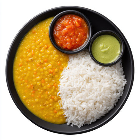 A vibrant and appetizing traditional Indian meal with yellow lentil curry, steamed rice, and two types of chutneys served in a black bowl. Perfect for health-conscious diners.の素材