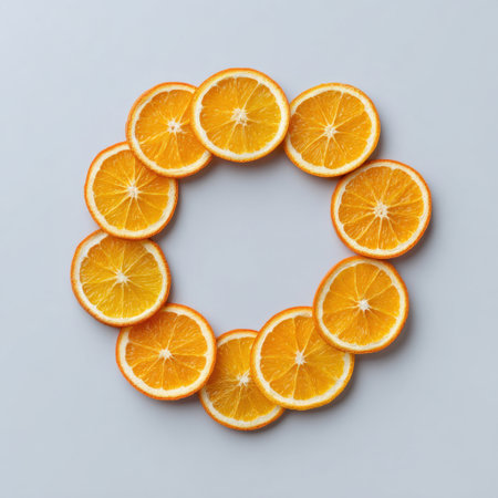 A striking circular arrangement of fresh orange slices on a soft gray background, showcasing the vibrant color and natural texture of this delicious fruit. Perfect for culinary themes.の素材
