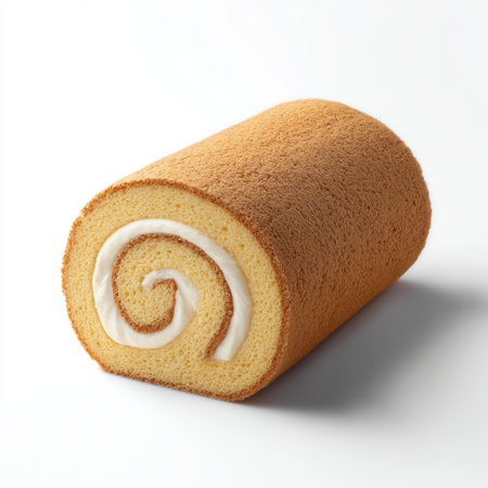 Soft sponge cake roll filled with creamy goodness, perfect for desserts and special occasions. Minimalist presentation highlights its delicious appeal.の素材
