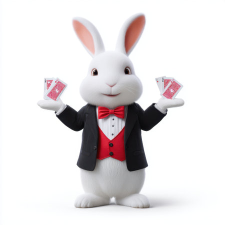 This delightful rabbit character in a tuxedo exudes charm while holding playing cards, perfect for themes involving magic, fun, and entertainment.の素材