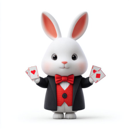 This charming rabbit in a tuxedo, holding playing cards, adds a playful touch to any children's event, perfect for parties and magic shows.の素材