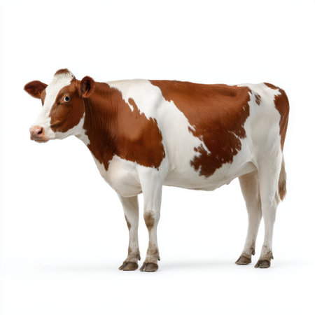 A charming brown and white dairy cow stands against a white background, showcasing its healthy and vibrant appearance. Ideal for agricultural themes.の素材