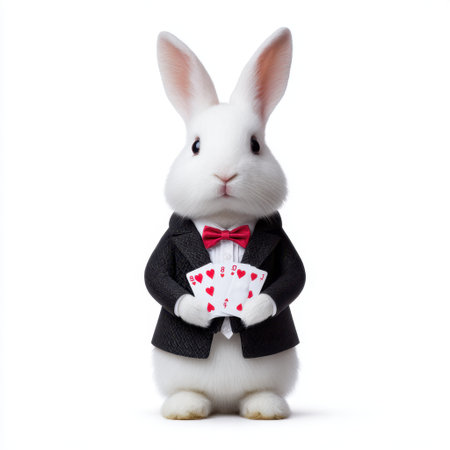 A charming rabbit dressed in a tuxedo holds playing cards with a delightful expression. Perfect for themes of fun, magic, and creativity, this image captures whimsy and character.の素材