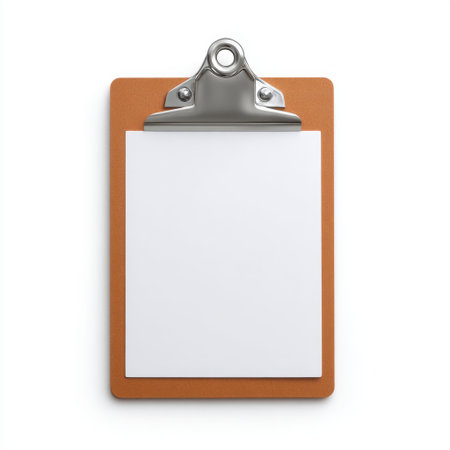 A blank clipboard featuring a steel clip rests on a smooth surface, ideal for note-taking, document organization, and creative projects. Perfect for presentations.の素材