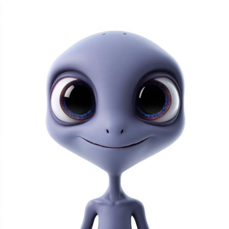 This illustration showcases a charming cartoon alien character with oversized eyes and a friendly smile, perfect for creative projects and children's media.の素材