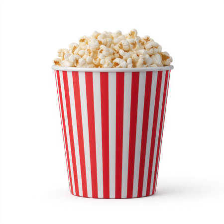 A vibrant classic red and white striped bucket filled with fluffy buttery popcorn, perfect for movie nights or festive gatherings. Enjoy the delightful crunch!の素材