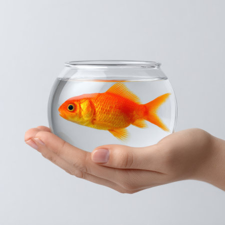 A close-up view of a vibrant orange goldfish swimming in a clear fishbowl, gently cradled by a human hand, symbolizing the care of aquatic pets.の素材