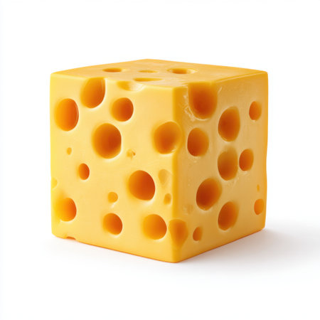 A vivid image of a yellow cheese block featuring distinct holes, perfect for showcasing culinary delights or promoting gourmet products in any food setting.の素材