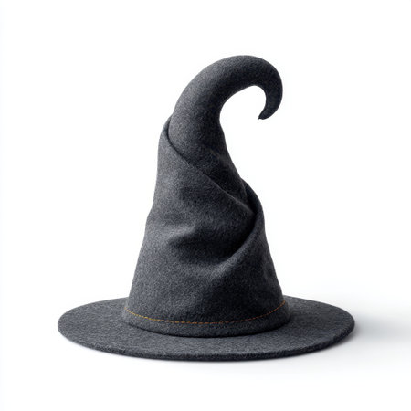 This stylish grey woolen witch hat features a distinctive curled tip, perfect for Halloween celebrations, costume parties, and playful outfits.の素材
