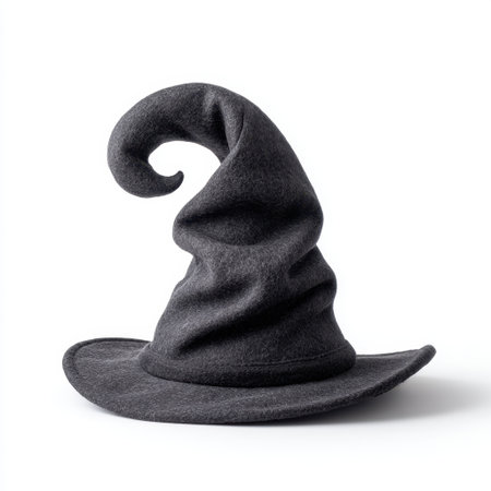 This unique grey witch hat features a pointed tip and a curled brim, perfect for cosplay, Halloween, or themed events. Its soft texture adds style.の素材