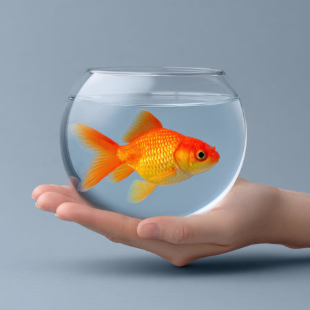 A serene scene showcasing a vibrant goldfish swimming gracefully in a clear bowl, held gently in a human hand against a soft gray background, symbolizing care.の素材