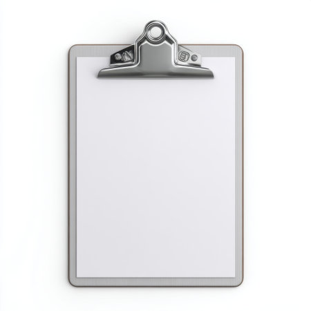 A blank clipboard positioned on a clean white background, ideal for use in office environments, educational settings, and creative projects.の素材