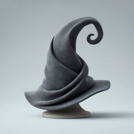 This captivating gray wizard hat showcases a unique design with a soft texture and intricate folds. Perfect for fantasy-themed photos or artistic displays.の素材