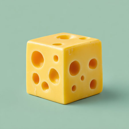 A vibrant yellow cheese cube features distinctive round holes, set against a soft green background, perfect for culinary and food-related projects.の素材