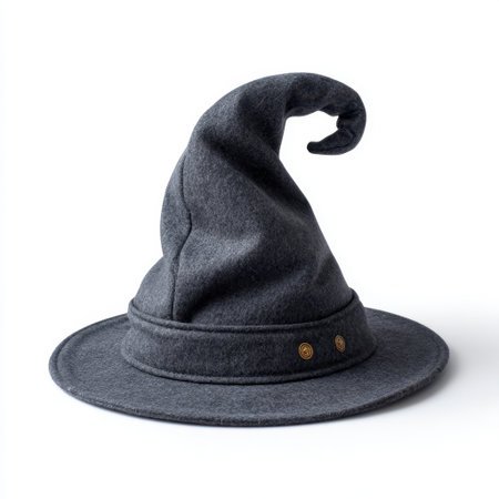 This image features a grey wizard hat with a unique pointed design, complete with decorative buttons. Ideal for costume events and creative projects.の素材
