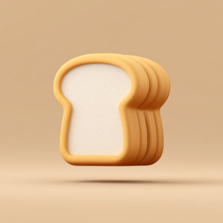 This 3D illustration features a stylized slice of bread with a soft texture, set against a neutral background. Ideal for food-related designs and culinary themes.の素材