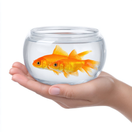 A close-up view of a hand gently cradling a glass bowl containing two vibrant goldfish swimming gracefully. Perfect for pet and nature themes.の素材
