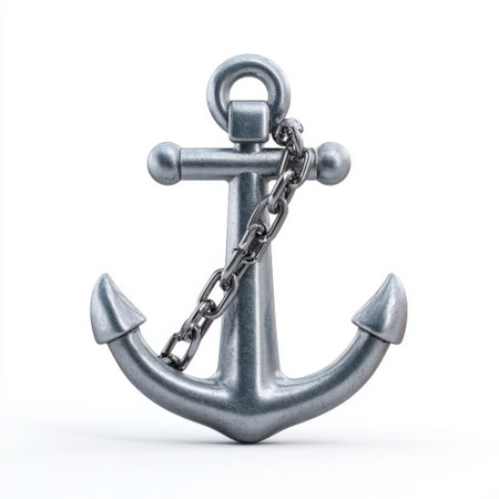 A detailed and realistic silver anchor with a chain, isolated on a plain white background. Perfect for maritime themes, this image symbolizes stability and safety.の素材