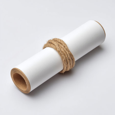This image features a rolled white paper scroll elegantly tied with twine, set against a minimalistic background, ideal for showcasing artistic projects or gift ideas.の素材
