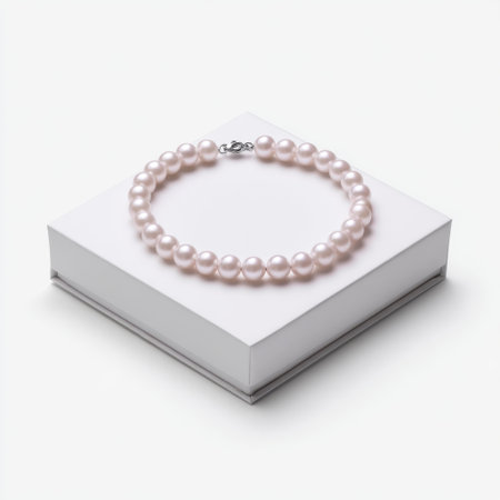 This stunning pink pearl necklace rests elegantly on a clean white box, accentuating its beauty and sophistication, suitable for various occasions.の素材