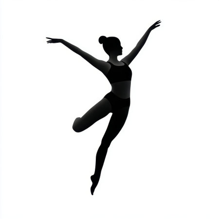 This striking silhouette features a dancer gracefully leaping in a dynamic pose, capturing the essence of movement and athleticism through graceful expression.の素材