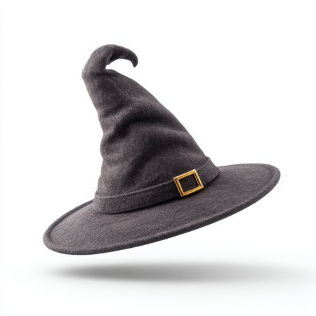 This classic gray witch hat features a pointed top and a stylish gold buckle, perfect for Halloween celebrations or costume parties.の素材